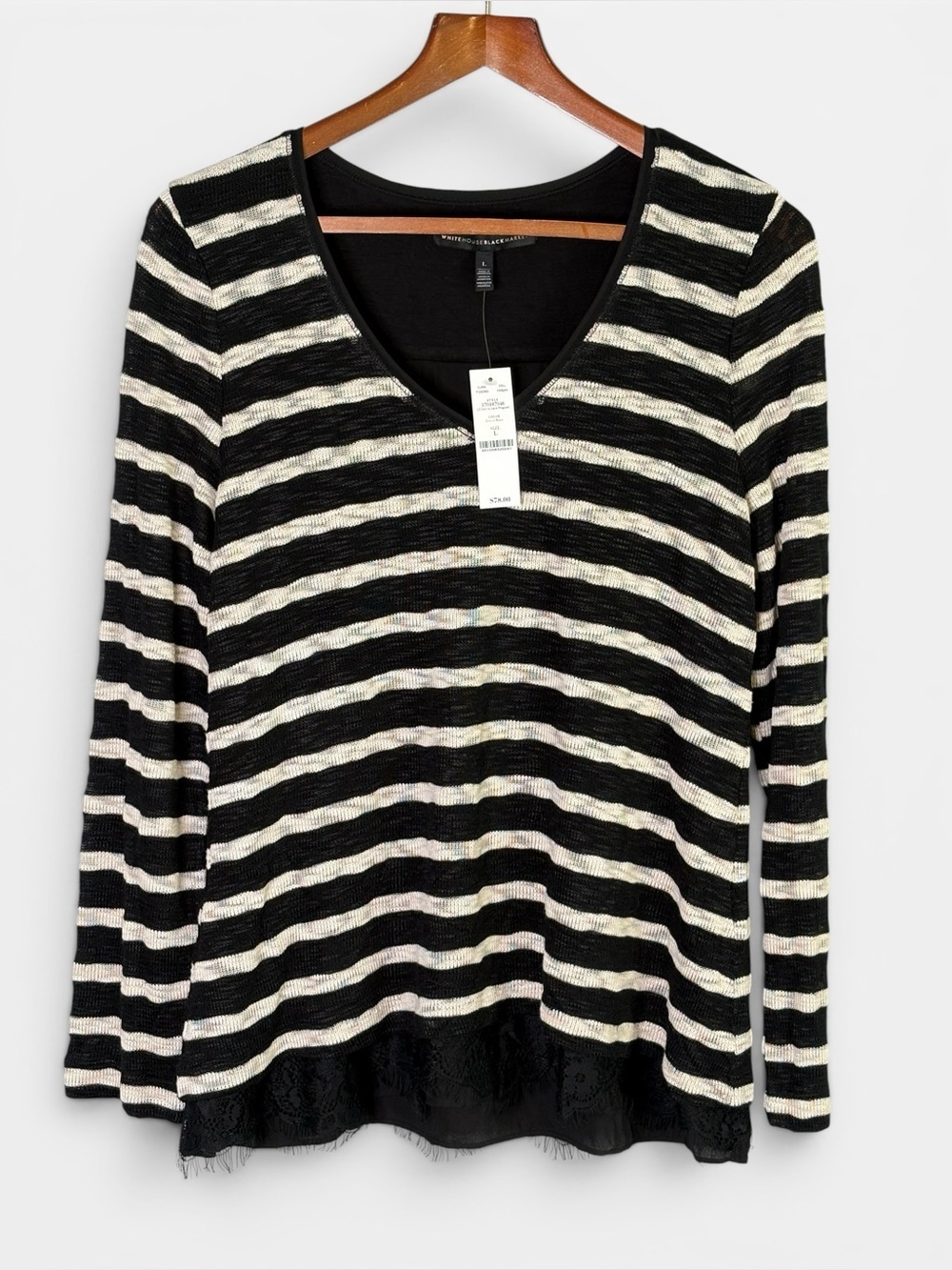 NWT White House Black Market Striped Split Back Lace Hem Knit Top • L • $78